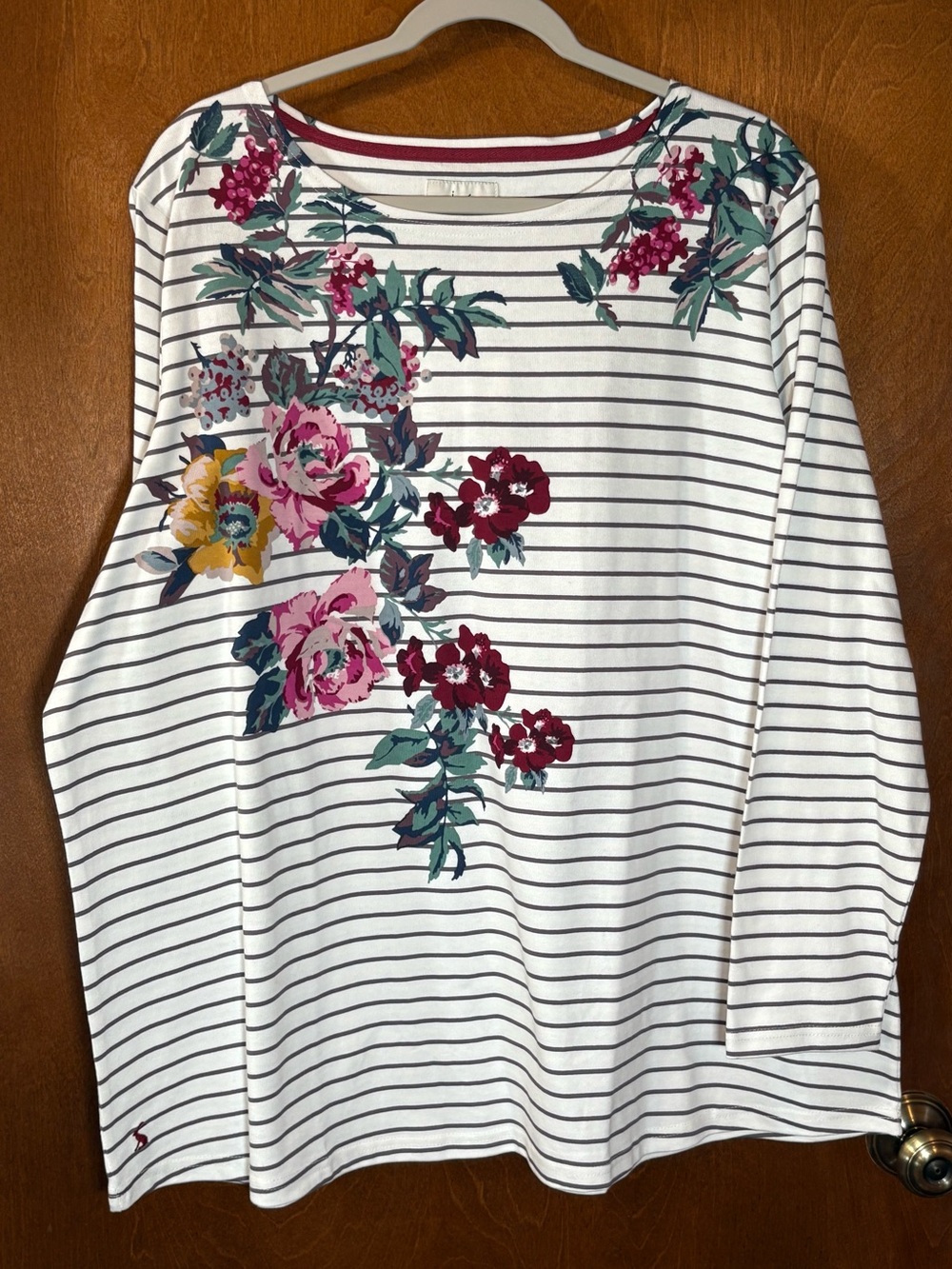 Joules White Navy Striped Long Sleeve Top with Floral Print